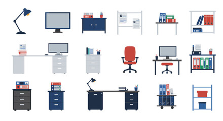 Modern office furniture and essentials collection in flat design style