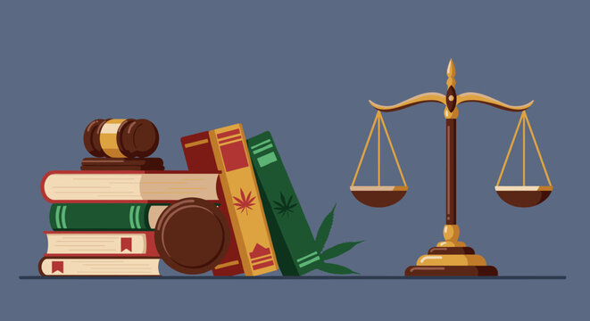 Legal balance with gavel and law books featuring cannabis leaf on classic blue background