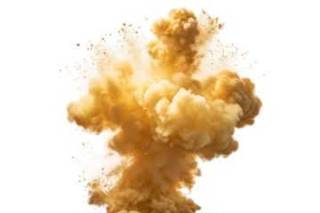 Dynamic explosion cloud with dust particles and vivid colors isolated on black background in view