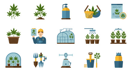 Cannabis cultivation elements with farming equipment and tools in flat style