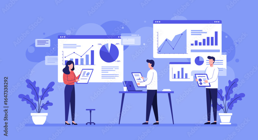 Poster modern teamwork and data analysis in a flat style office environment