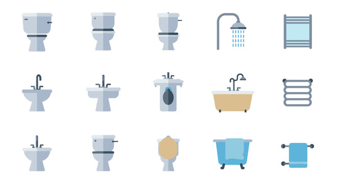 Modern bathroom fixtures collection in flat design: sinks, toilets, showers, and more