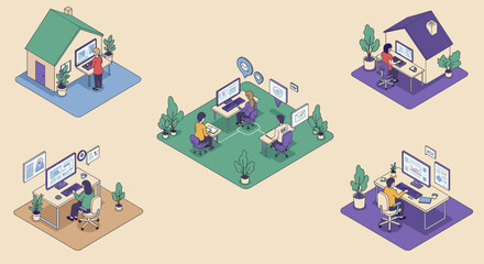 Isometric home and office workspaces with computer desks and plants