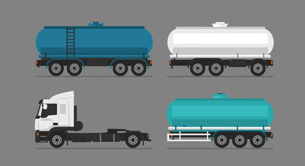 Tanker trucks set on gray background featuring cargo transport vehicles in flat design