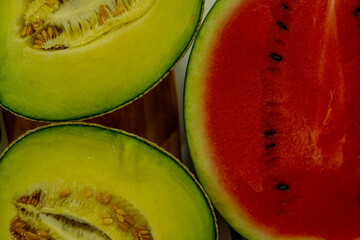 Sliced melon and watermelon close-up