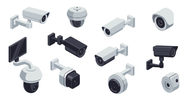 Collection of modern security cameras in isometric style