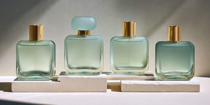 Quattro bottiglie di profumo in vetro trasparente con tappi dorati su piedistalli di pietra