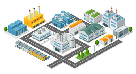 Isometric industrial complex with factories and warehouses in urban setting