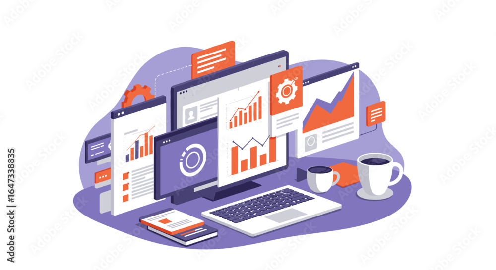 Poster modern digital workspace with analytics on multiple screens in an isometric style