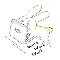rabbit at the computer. cute workaholic sticker. The text is a work. Vector illustration. isolated on a white background. kawaii