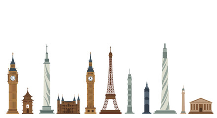Famous landmarks of europe in flat design featuring iconic towers and monuments