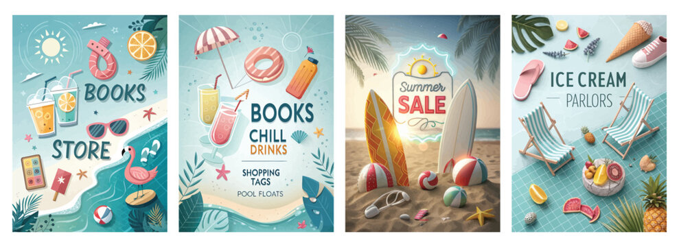 A vibrant summer theme showcasing various beach and vacation elements like drinks, books, and ice cream.
