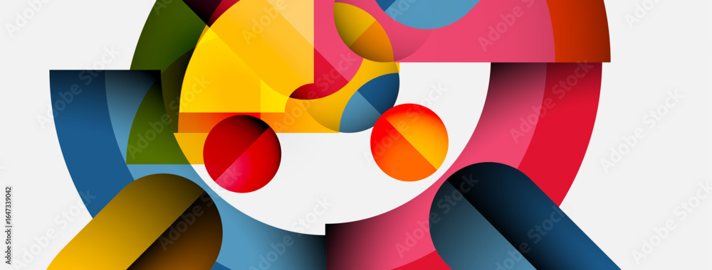 Poster abstract composition featuring colorful geometric shapes. overlapping forms create dynamic visual in