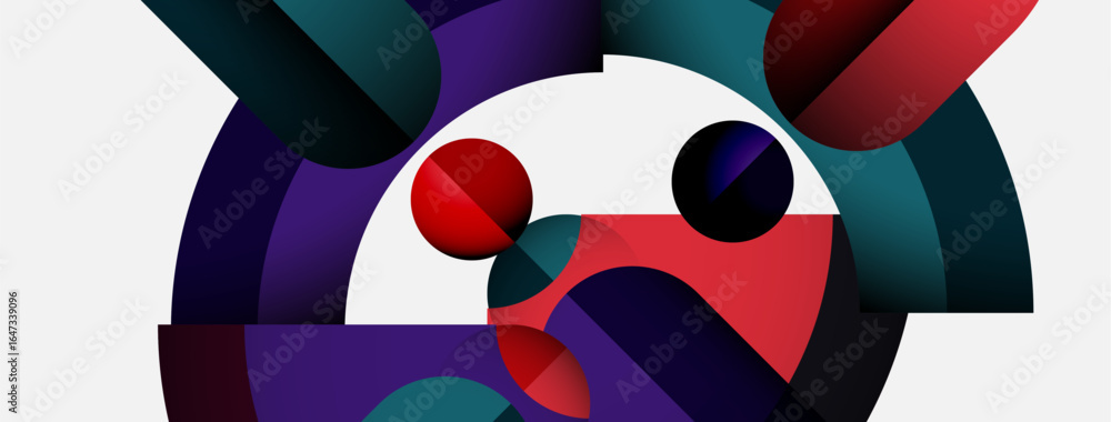 Poster abstract composition featuring overlapping colorful circles, curves. minimalist design with vibrant 