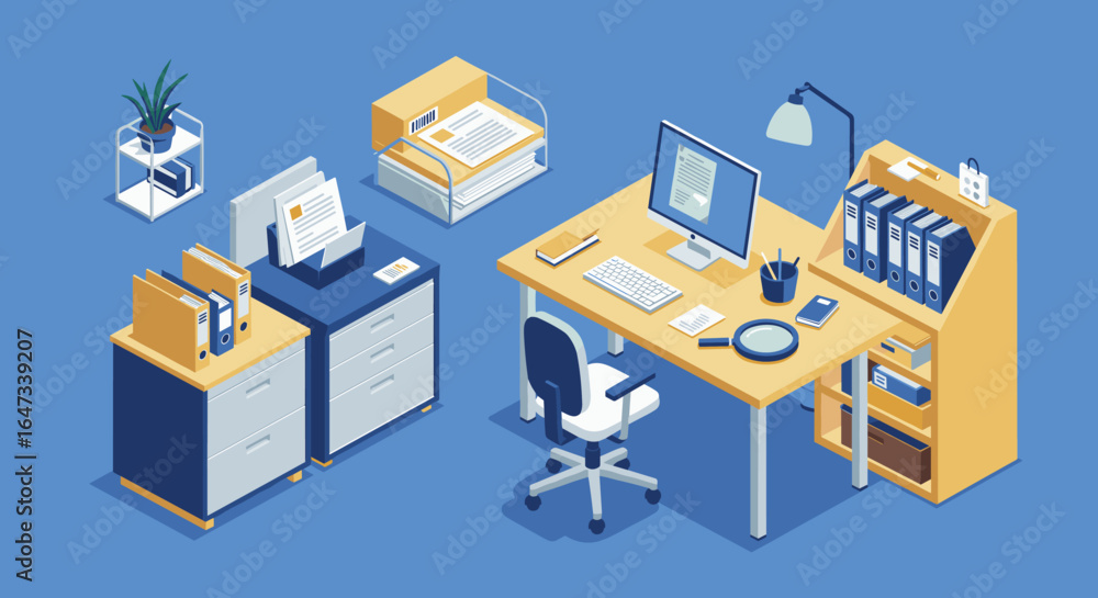 Aufkleber modern isometric office workspace with computer and documents