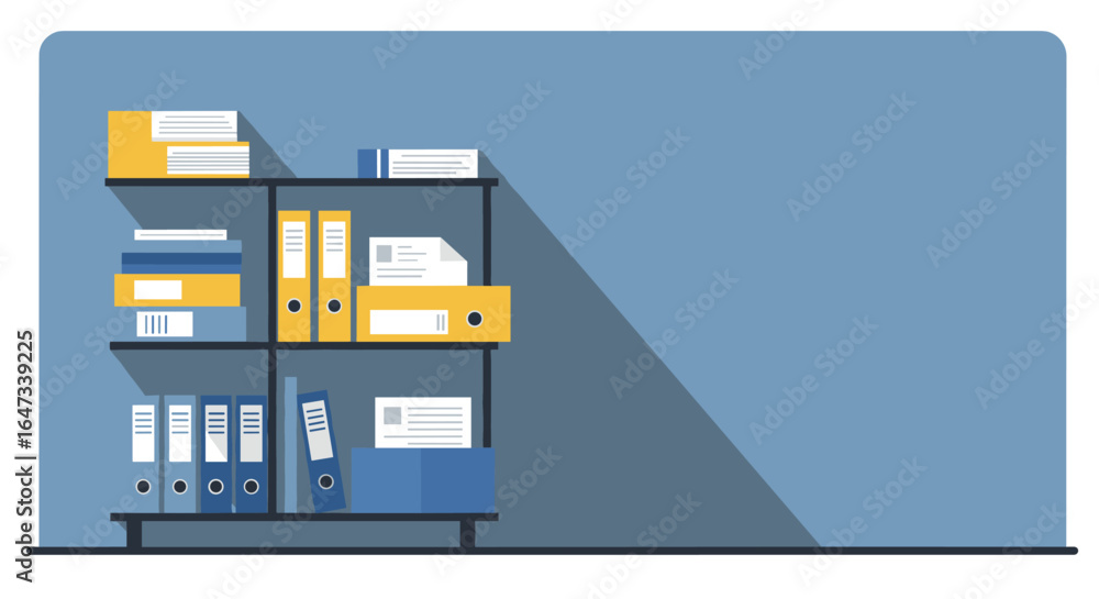 Poster colorful office files and binders on shelf in minimalist workspace background
