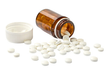 Prescription pills and brown bottle on white background for pharmaceutical medication concept