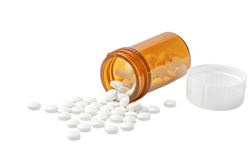 Prescription medication bottle spilling white pills on black isolated background healthcare concept