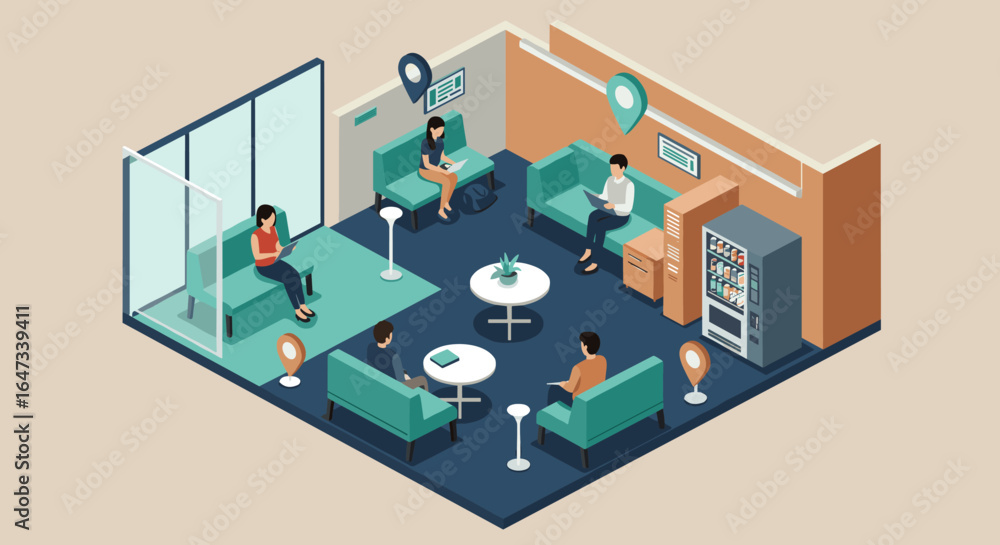 Aufkleber modern office lounge with people using devices and vending machine in isometric view