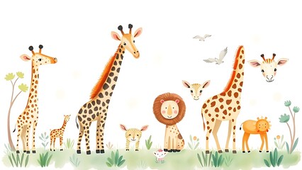 Obraz premium Soft pastel-toned watercolor safari animals in a gentle nursery wall art style.