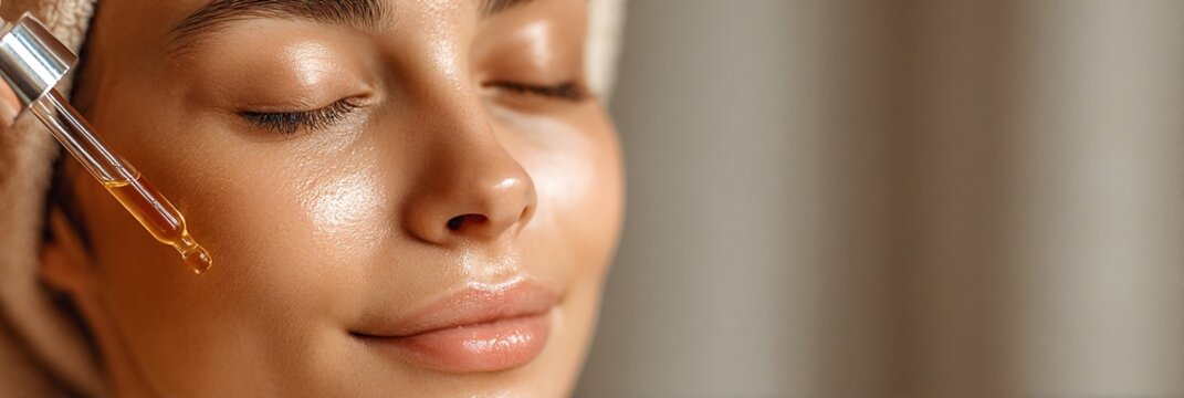 Donna applica siero viso con contagocce per cura della pelle, idratazione e bellezza.