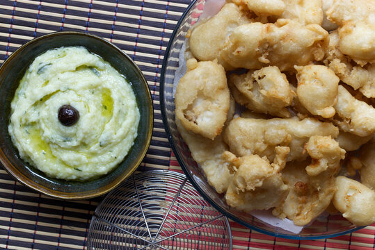 Traditional Greek Cuisine with Fried Cod and Skordalia Dip