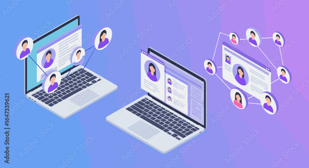 Poster isometric remote work concept with laptops and online profiles on gradient background