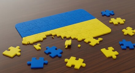 Ukraine map puzzle partially assembled on wooden table support and unity concept high quality professional