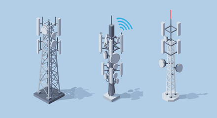 Isometric cell towers on blue background with signal waves