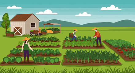 Naklejka premium Farmers tending to lush vegetable gardens on a sunny day