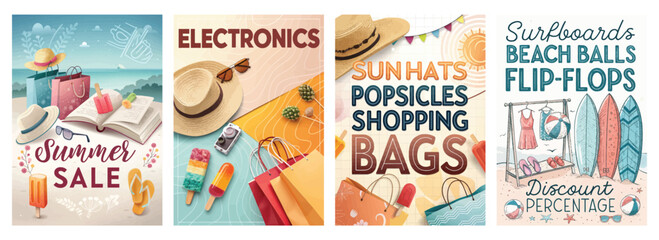 Colorful summer sale promotional graphics featuring hats, popsicles, and beach items.