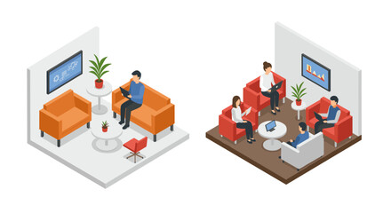 Modern isometric office scenes with people on orange and gray furniture
