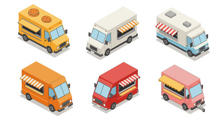 Colorful isometric food trucks collection with various designs and styles