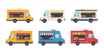 Colorful food trucks collection showcasing a variety of mobile eateries in flat design