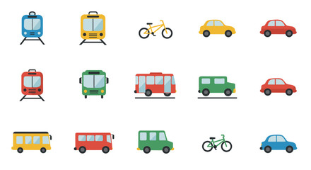 Obraz premium Colorful flat icons of various public transport vehicles and bicycles
