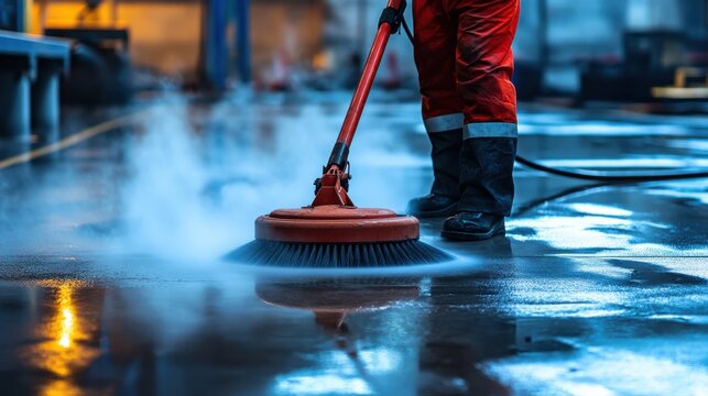 Powerful industrial floor cleaning with high-pressure surface cleaner, steam and mist rising from wet concrete. - Powered by Adobe