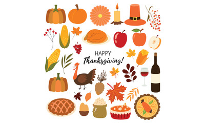 Thanksgiving and Autumn Festival Clipart Set Turkey, Pumpkin, Pilgrim Hat, Corn, Leaves, and Harvest Food Icons