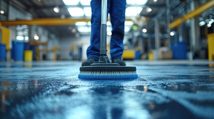 Industrial floor cleaning. Worker uses scrubber machine with blue brush on wet factory floor. Maintenance and hygiene.