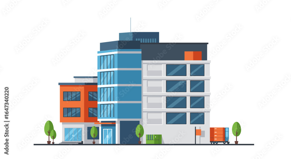 Poster modern office building in flat design with trees and containers