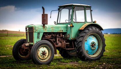 Obraz premium Vintage green tractor in a field evoking rustic charm and agricultural heritage