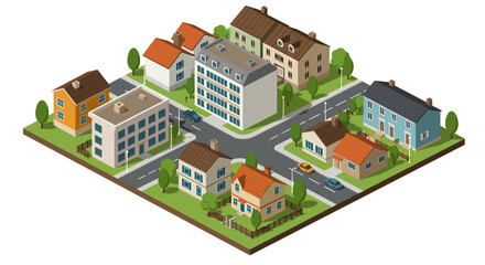 Charming isometric neighborhood with colorful houses and urban streets