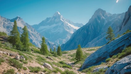 Snow-capped mountains with lush green trees and rocky terrain.