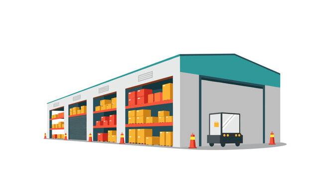 Modern warehouse with shelves, boxes, and small vehicle in flat design