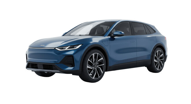 Ultra-modern deep metallic blue electric SUV, sleek and futuristic, dynamically angled in a minimalist high-tech studio with reflective floor. Concept of future transportation