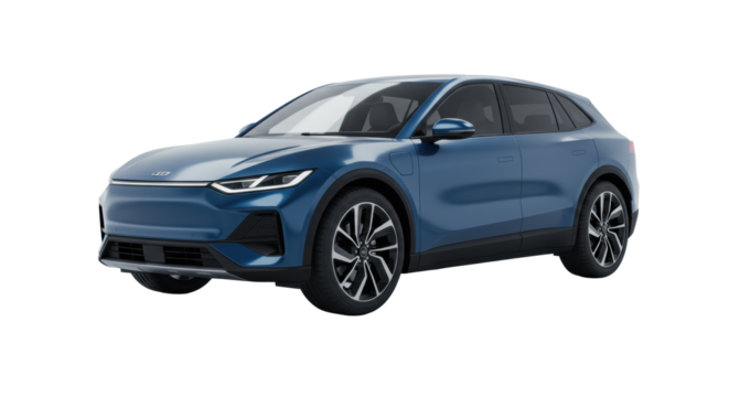 Ultra-modern deep metallic blue electric SUV, sleek and futuristic, dynamically angled in a minimalist high-tech studio with reflective floor. Concept of future transportation