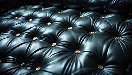 Naklejka premium Close-up of luxurious black leather upholstery with button tufting and bronze accents.