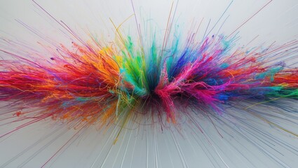 Fototapeta premium Colorful explosion of fibers or threads with bright streaks and splashes. Abstract artistic design. Vibrant and dynamic visual display.