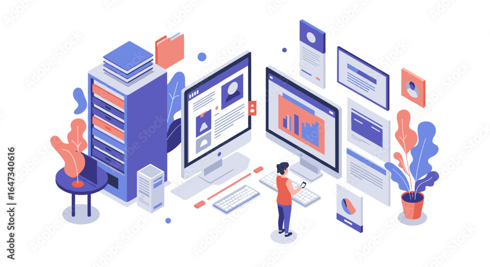 Poster isometric office workspace with data management and digital communication elements