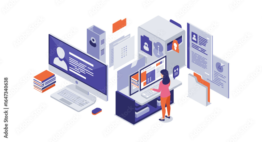 Poster modern isometric office with digital workflow and data management