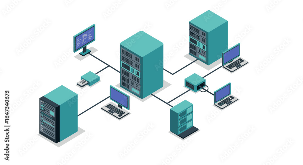 Poster isometric network infrastructure with servers and computers